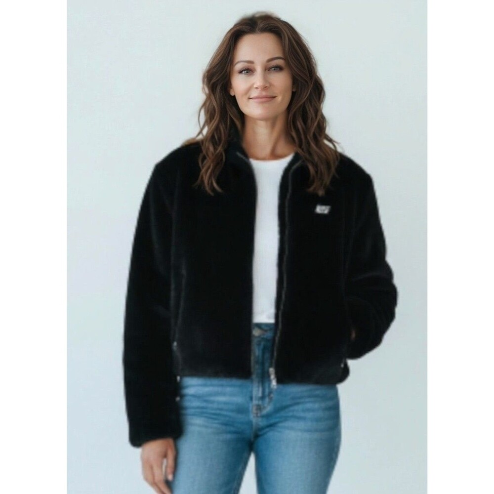 New Nike Cropped Jacket Women's SMALL Black Faux Fur Zip Swoosh Loose Fit $160